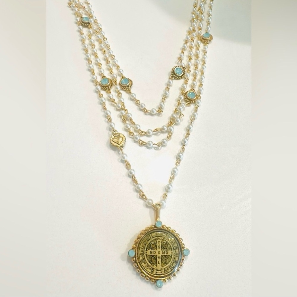 Gold-Tone Multi-Strand Pearl Necklace with Turquoise Accents - Designer